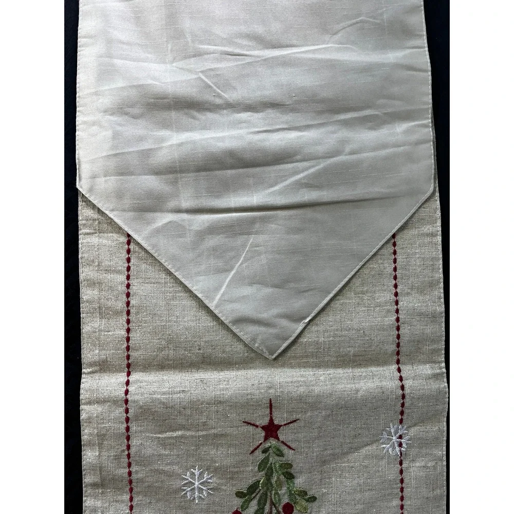 Christmas Tree Embroidered Table Runner Gold Metallic Snowflakes Neutral 72